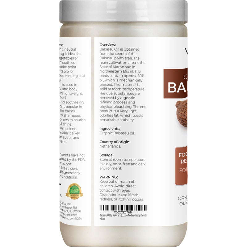 velona Babassu Oil USDA Certified Organic - 32 Fl Oz | 100% Pure and Natural Carrier Oil | Refined, Cold Pressed | Face, Hair, Body & Skin Care and Cooking | Use Today - Enjoy Results - Image 3