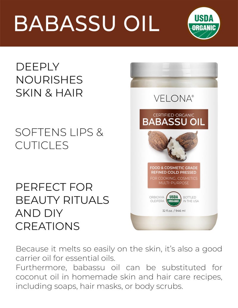 velona Babassu Oil USDA Certified Organic - 32 Fl Oz | 100% Pure and Natural Carrier Oil | Refined, Cold Pressed | Face, Hair, Body & Skin Care and Cooking | Use Today - Enjoy Results - Image 2