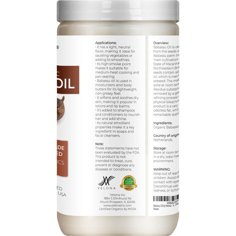 velona Babassu Oil USDA Certified Organic - 32 Fl Oz | 100% Pure and Natural Carrier Oil | Refined, Cold Pressed | Face, Hair, Body & Skin Care and Cooking | Use Today - Enjoy Results - Image 4