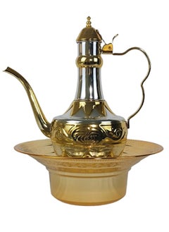 HTH 2.5L Classic Engraved Design Arab Traditional Hand Washing Set Stainless Steel Mirror Finish Long Tail Water Pot with Basin Set for Home Hotel Outdoor Travel Picnic 33 cm  - Image 1