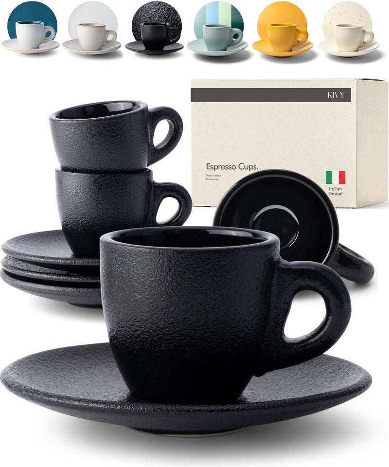 KIVY 3 oz Espresso cups set of 4 - Thick walled stoneware espresso cup set - Italian style cups and saucers - Demitasse cups set of 4 - Espresso mugs black - Coffee shot cups & saucers - Image 1