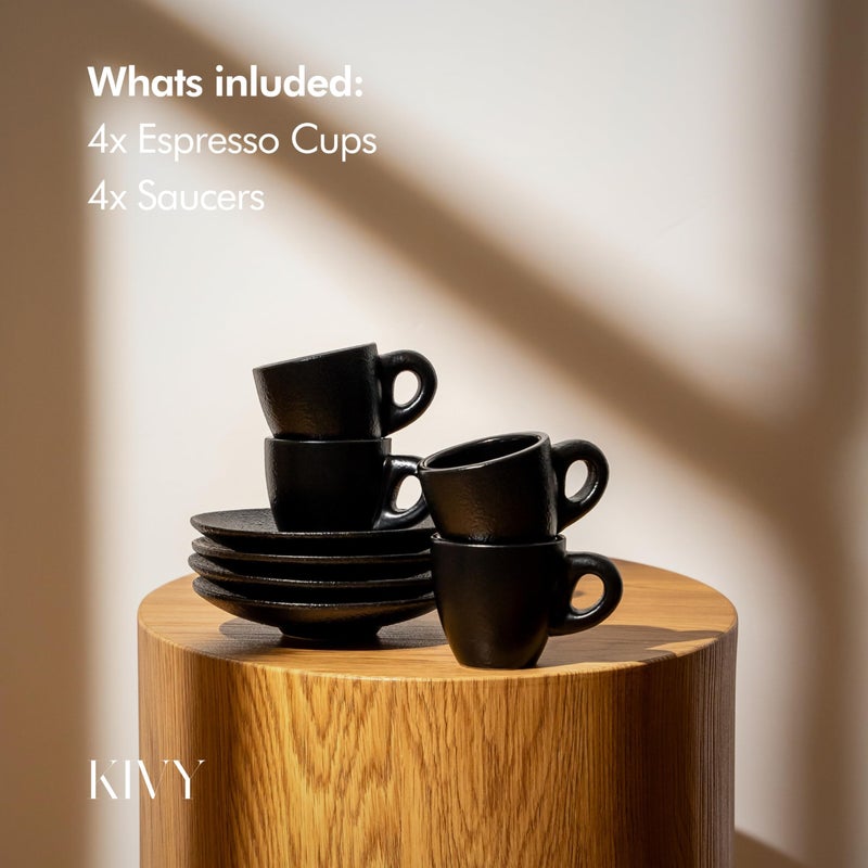 KIVY 3 oz Espresso cups set of 4 - Thick walled stoneware espresso cup set - Italian style cups and saucers - Demitasse cups set of 4 - Espresso mugs black - Coffee shot cups & saucers - Image 5