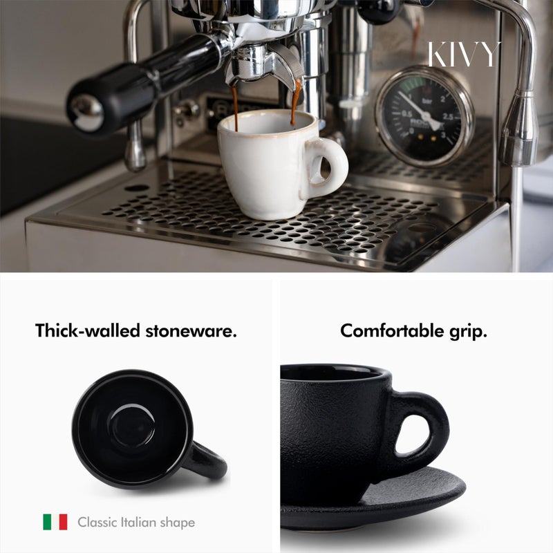 KIVY 3 oz Espresso cups set of 4 - Thick walled stoneware espresso cup set - Italian style cups and saucers - Demitasse cups set of 4 - Espresso mugs black - Coffee shot cups & saucers - Image 2