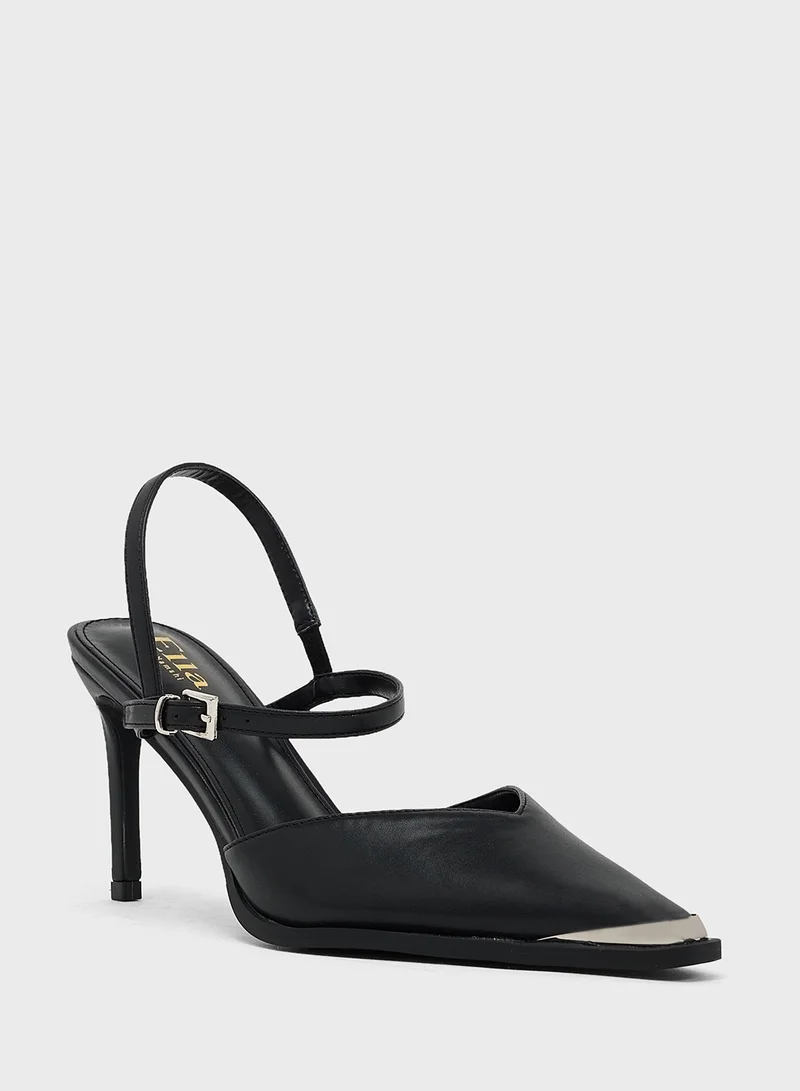 ايلا High Heel Ankle Strap Pump With Metallic Trim
