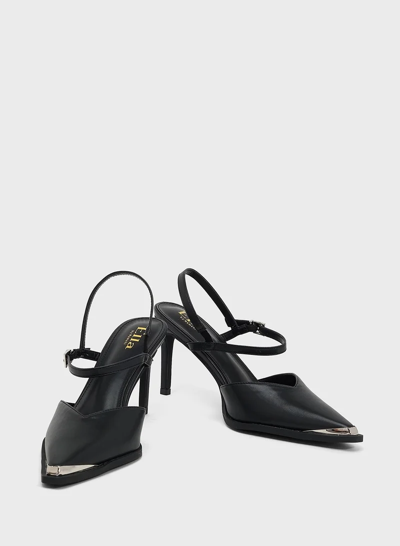 ELLA High Heel Ankle Strap Pump With Metallic Trim