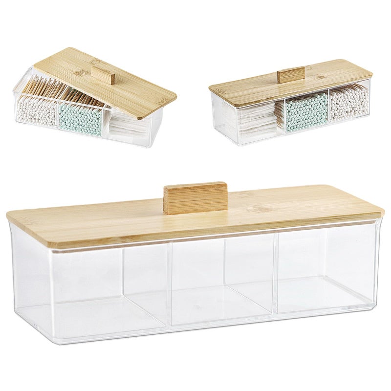 ZEXALOR Clear Bathroom Dresser Organizer - Cotton Ball Swab Holder with 3 Divided Compartments&Lid, Waterproof Transparent Small Plastic Storage Containers, Vanity Makeup Organization - Image 1
