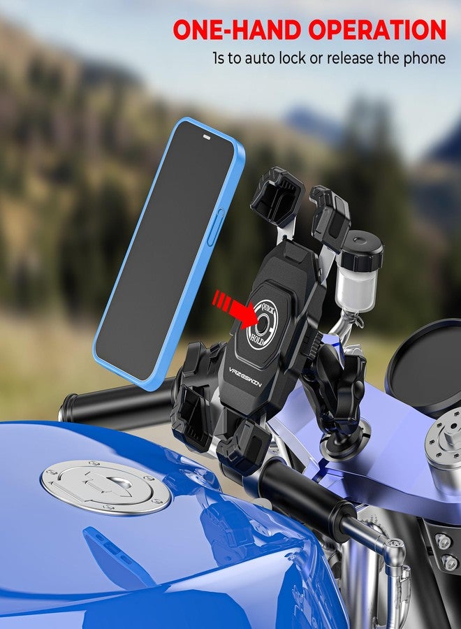 VAZESWIN Motorcycle Fork Stem Phone Mount, 1s Auto Lock & Release, Motorcycle Phone Holder with Aluminum Alloy Anti-Theft 1" Ball Short Arm, for 12-25.4mm Diameter Fork Stems, for 5.4"-7" Cellphones - Image 2