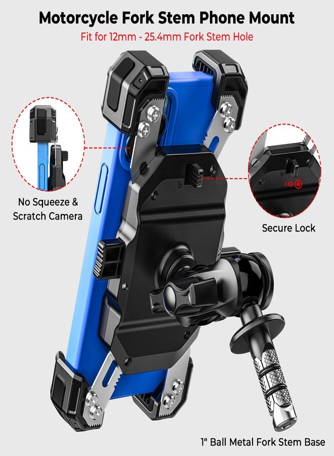 VAZESWIN Motorcycle Fork Stem Phone Mount, 1s Auto Lock & Release, Motorcycle Phone Holder with Aluminum Alloy Anti-Theft 1" Ball Short Arm, for 12-25.4mm Diameter Fork Stems, for 5.4"-7" Cellphones - Image 4