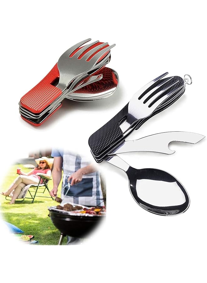 erorex 4-In-1 Bbq Camping Utensils, Multifuctional Tool, Such As Fork Spoon Knife Bottle Opener, Stainless Steel Folding Camping Cutlery Tool For Picnic Travel Bbq Outdoor & Backpacking - Image 1