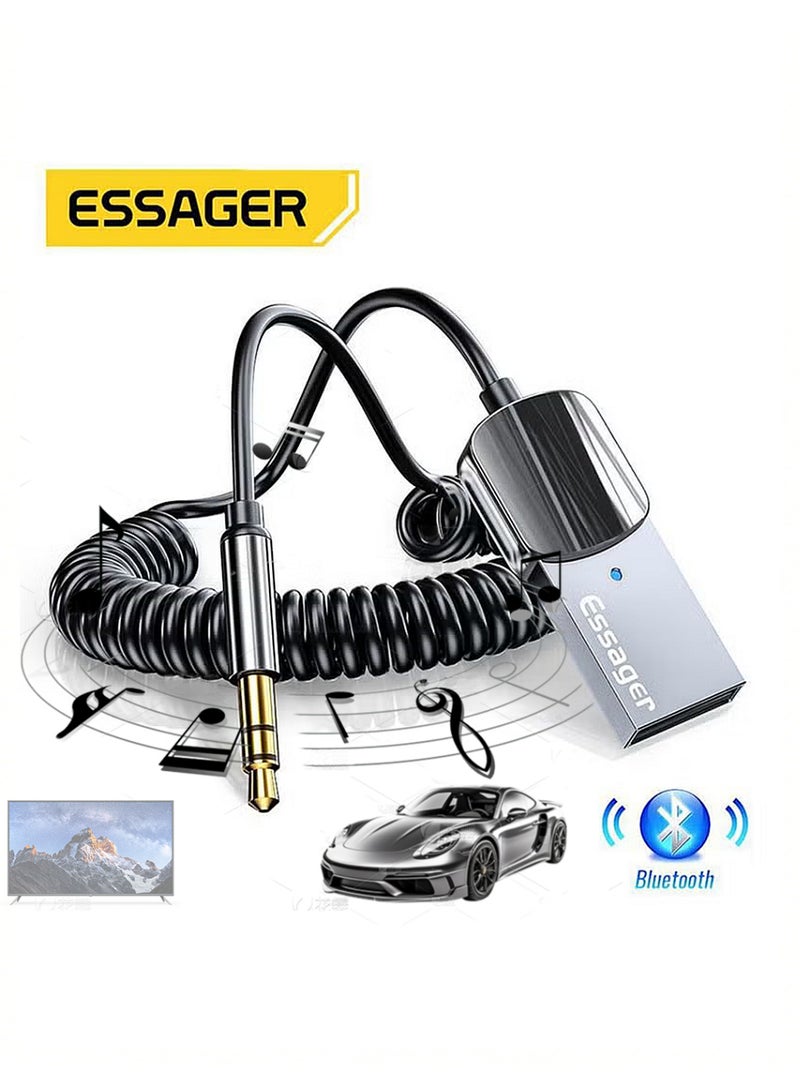 ESSAGER Aux Bluetooth Adapter for Car, Noise Cancelling Bluetooth 5.0 Receiver,Lossless Music USB to 3.5mm Jack Audio Adapter with Built-in Microphone for Car Kits/Home Stereo/Handsfree Call Speaker - Image 1
