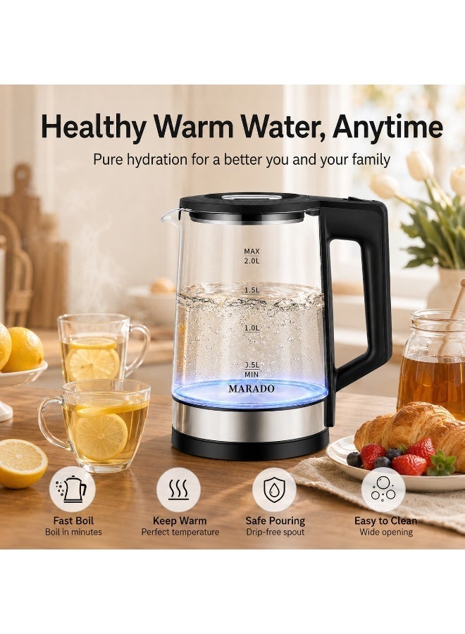 MARADO High Borosilicate Glass Electric Kettle with Blue Light, Smart Heating & Insulation.1L-2L capacity suitable for small to medium households. - Image 1