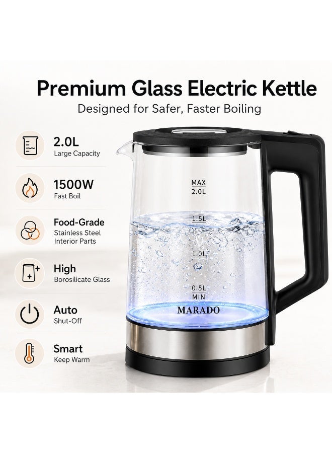 MARADO High Borosilicate Glass Electric Kettle with Blue Light, Smart Heating & Insulation.1L-2L capacity suitable for small to medium households. - Image 2
