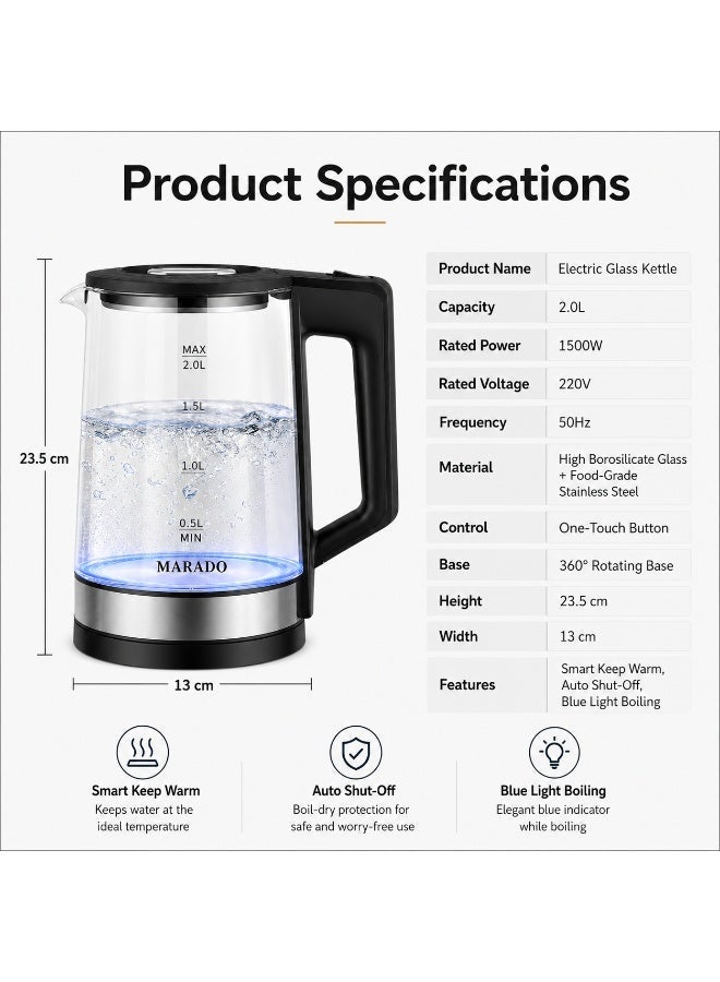 MARADO High Borosilicate Glass Electric Kettle with Blue Light, Smart Heating & Insulation.1L-2L capacity suitable for small to medium households. - Image 4