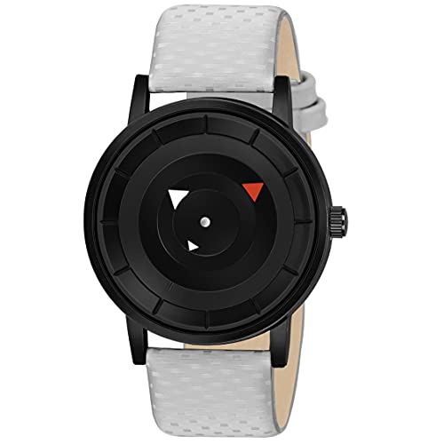 Acnos Watch Uniq Black Dial White Leather Belt Analogue Watch for Men Boys Pack of 1 - Image 1