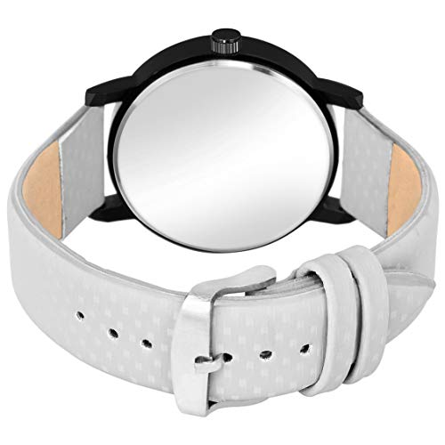 Acnos Watch Uniq Black Dial White Leather Belt Analogue Watch for Men Boys Pack of 1 - Image 4