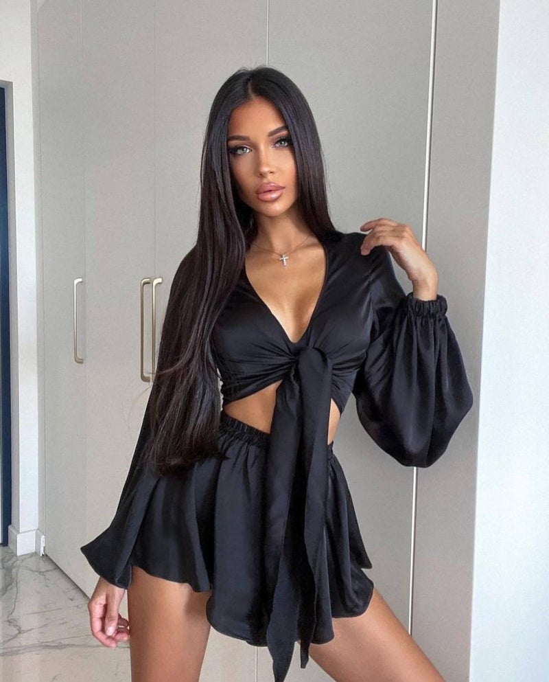 European and American Sweet Spicy Style suit Lantern Sleeve V-neck Shirt Top Womens Summer High Waist Skirt Short Skirt Vacation Age-reducing Two Black - Image 1