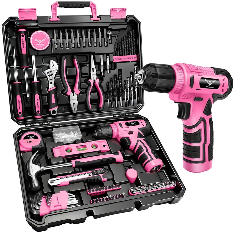 JENABOM Tool Set - 8V Cordless Drill Set, 127 Piece Home Tool Set With Hand Drill, Tool Kit for Women & Men, Perfect for Homeowner, Diyer, Handyman, Pink - Image 1