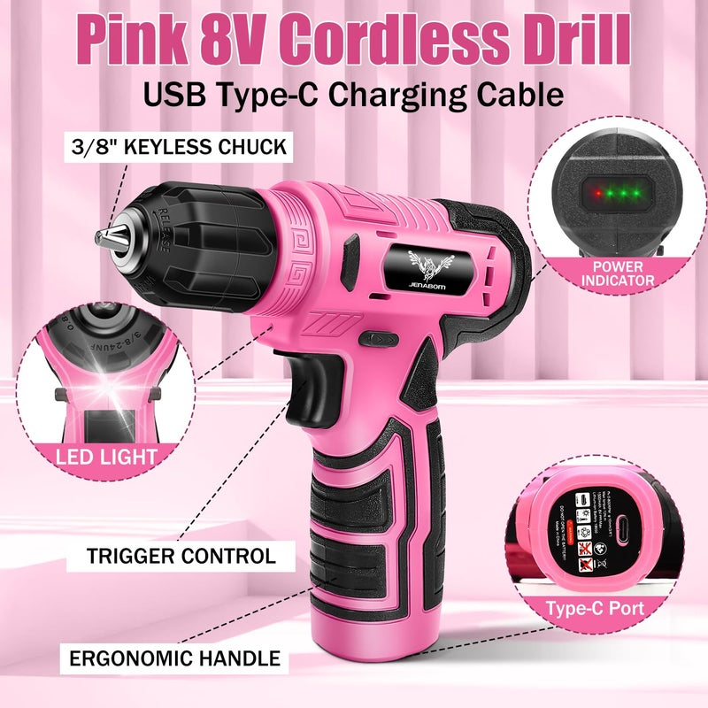 JENABOM Tool Set - 8V Cordless Drill Set, 127 Piece Home Tool Set With Hand Drill, Tool Kit for Women & Men, Perfect for Homeowner, Diyer, Handyman, Pink - Image 2