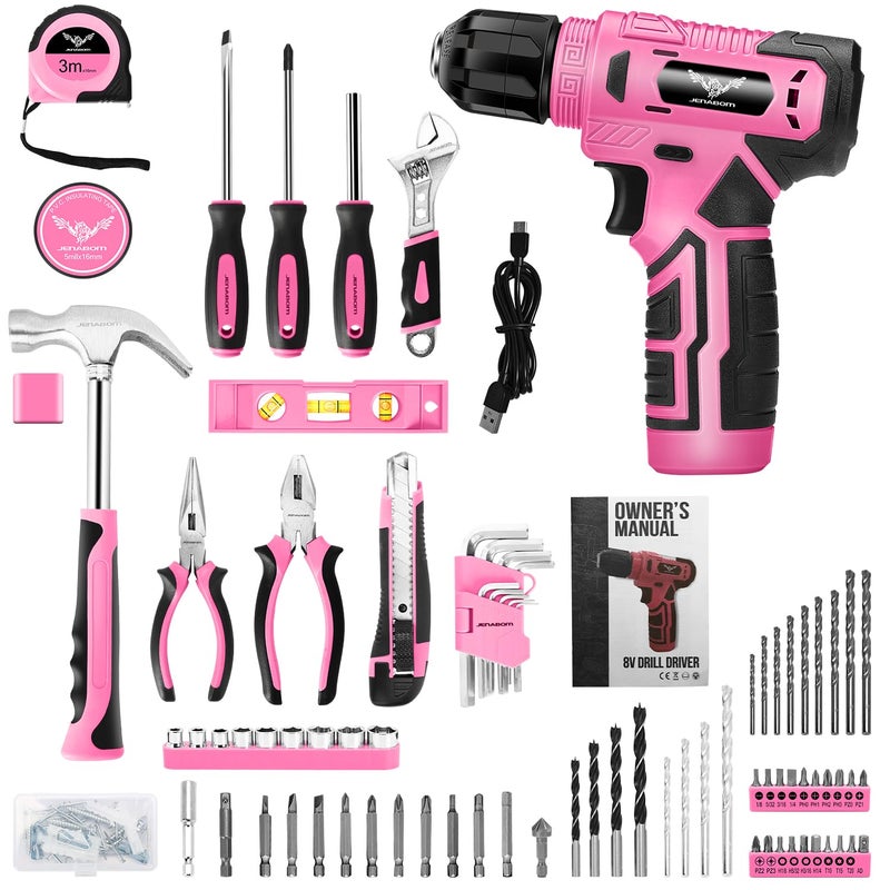 JENABOM Tool Set - 8V Cordless Drill Set, 127 Piece Home Tool Set With Hand Drill, Tool Kit for Women & Men, Perfect for Homeowner, Diyer, Handyman, Pink - Image 4