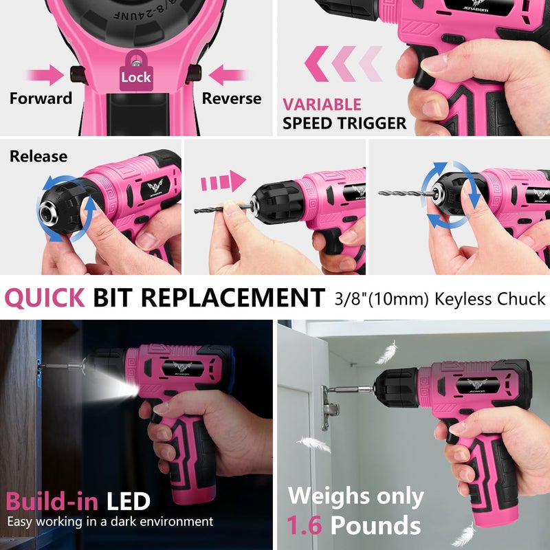 JENABOM Tool Set - 8V Cordless Drill Set, 127 Piece Home Tool Set With Hand Drill, Tool Kit for Women & Men, Perfect for Homeowner, Diyer, Handyman, Pink - Image 5