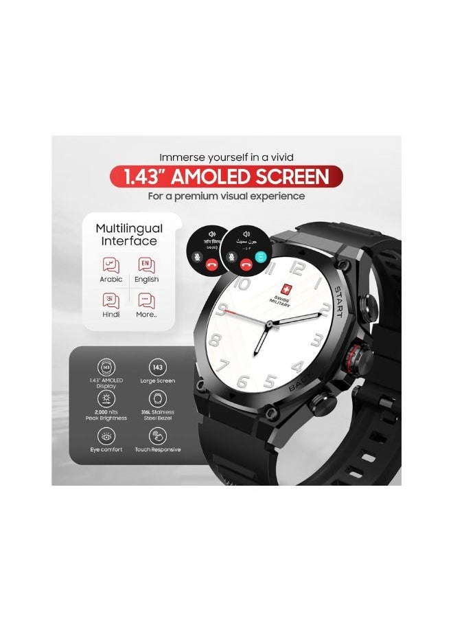SWISS MILITARY - Swiss Military DOM6 Smartwatch 1.43" AMOLED, Bluetooth Calling, Multi Language, Health & Sports Tracking, Wireless Charging, 7 Days Battery, IP67, iOS/Android Compatible, Black Frame with Black Strap - Image 1