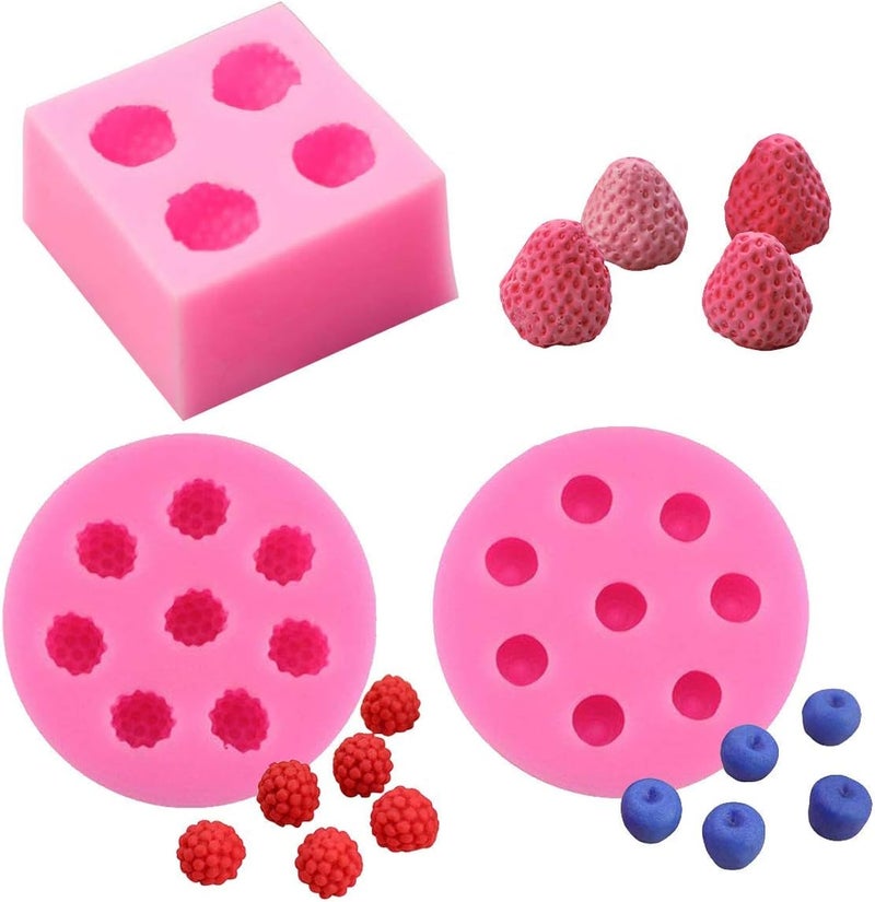 HiParty 3Pcs/Set 3D Mini Strawberry, Raspberry & Blueberry Silicone Fondant Molds Soap Candle Mulberry Wax Melts Molds Berries Chocolate Candy Mold for Cake Cupcake Topper Decoration - Image 1