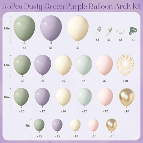 Amandir 173Pcs Dusty Green Purple Pink Balloon Arch Garland Kit Lavender Pastel Blush Pink Yellow Mist Green Gold Confetti Balloons for Easter Shower Wedding Tea Wildflower Birthday Party Decorations - Image 5