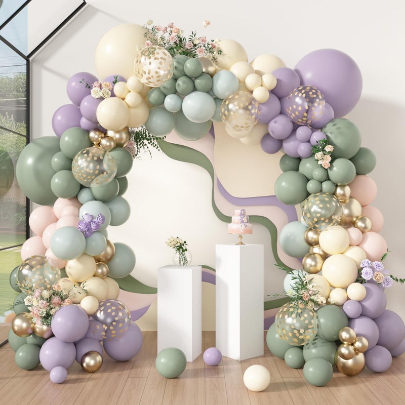 Amandir 173Pcs Dusty Green Purple Pink Balloon Arch Garland Kit Lavender Pastel Blush Pink Yellow Mist Green Gold Confetti Balloons for Easter Shower Wedding Tea Wildflower Birthday Party Decorations - Image 3