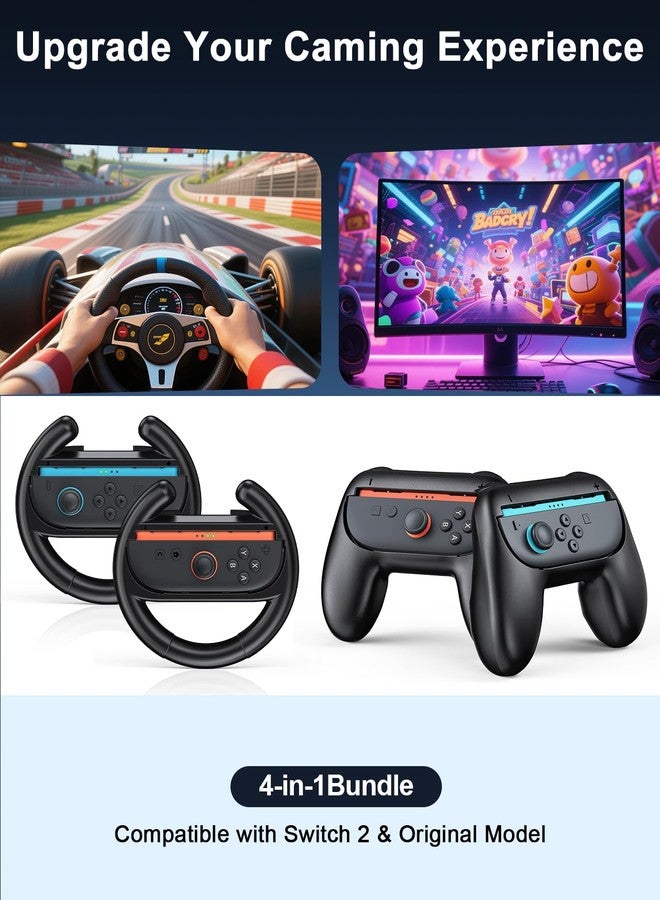 WAXITY 2 PCS Hand Grips for Joycon2 and 2 PCS Steering Wheel Hand Holders for Nintendo Switch2 Controller, Ergonomic Handheld Grips and Racing Wheels Handle Game Accessories Bundle Kit Set-Black - Image 2