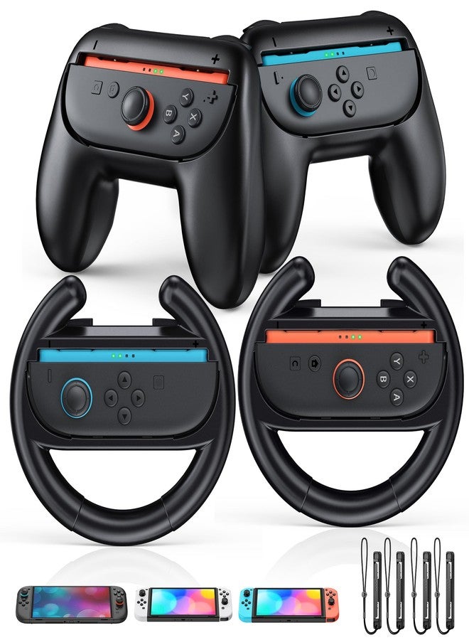 WAXITY 2 PCS Hand Grips for Joycon2 and 2 PCS Steering Wheel Hand Holders for Nintendo Switch2 Controller, Ergonomic Handheld Grips and Racing Wheels Handle Game Accessories Bundle Kit Set-Black - Image 1