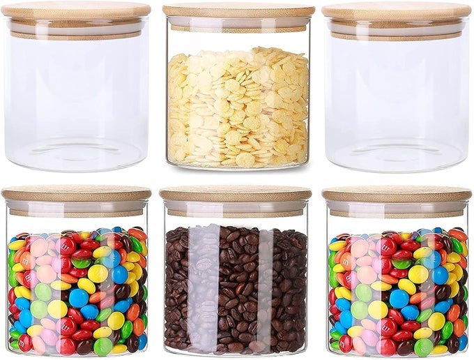 PACK OF 6 GLASS FOOD STORAGE CONTAINERS SETAIRTIGHT FOOD JARS WITH BAMBOO WOODEN LIDS KITCHEN CANISTERS FOR SUGARCANDY COOKIE 500 ML WOODEN LID