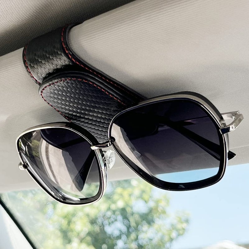 CMWWYFC 2Pcs Sunglass Holder for Car, Magnetic Leather Eyeglass Hanger Clip for Car Sun Visor, Sunglasses Holder and Ticket Card Clip for Car Visor Accessories (Carbon Fibre Black) - Image 2