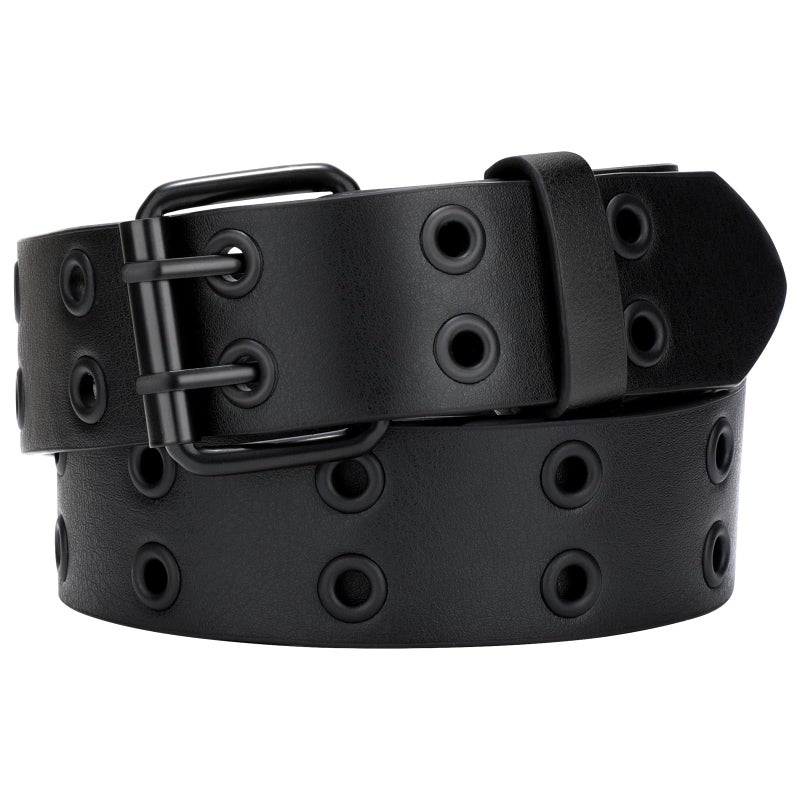 SANSTHS Women Double Grommet Studded Belts, Black Leather Belt for Women Men Punk belt,all black,L - Image 1
