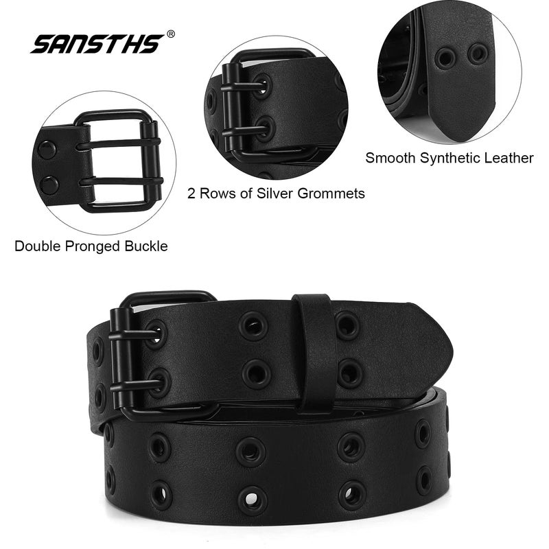 SANSTHS Women Double Grommet Studded Belts, Black Leather Belt for Women Men Punk belt,all black,L - Image 4