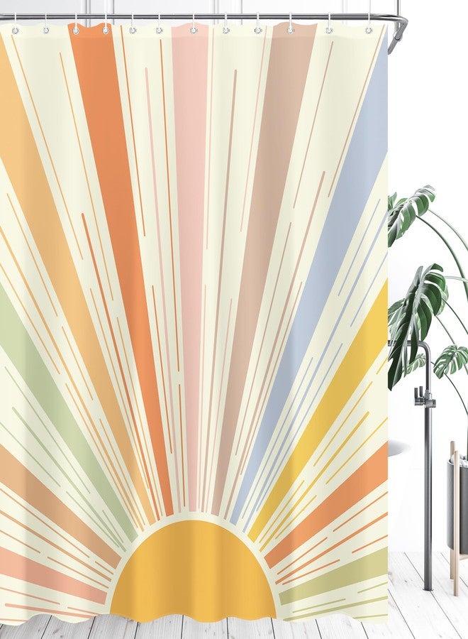 oolygoo Boho Colorful Sun Shower Curtain 60"X72" Retro 70s Abstract Shower Curtain Set for Bathroom Sunrise Vintage Waterproof Bathtub Curtain Sunshine Hippie Mid Century Aesthetic Bathroom Curtain - Image 1