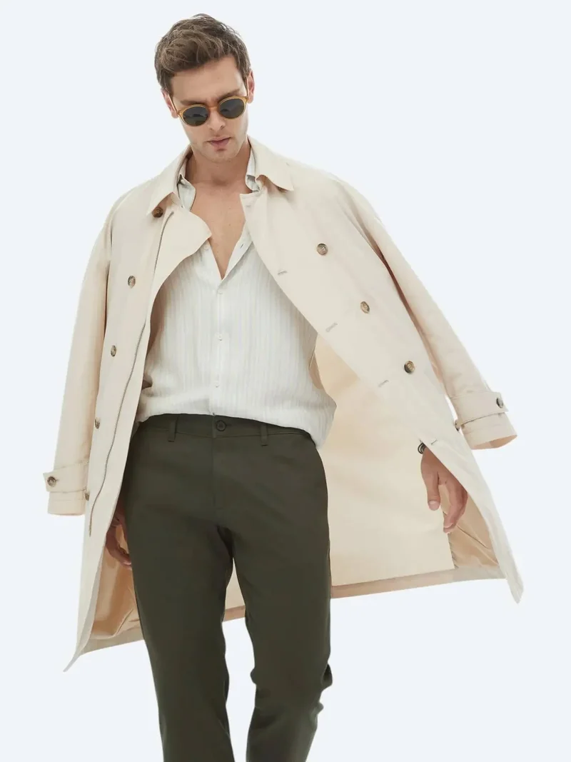 Kip Light Beige Oversize Fit Double Breasted Collar Casual Weaving Rain Coat