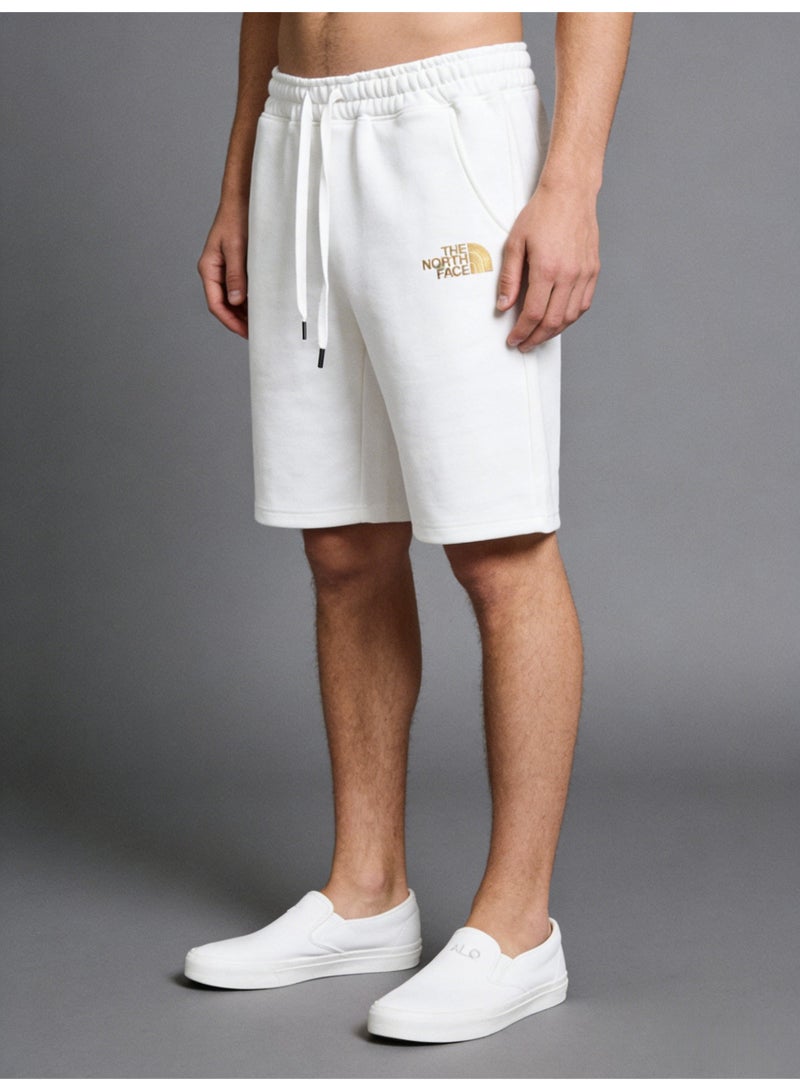 ذا نورث فيس The North Face Style Men's White Shorts with Gold Logo Loose Drawstring Knit Knee-Length Sweatshorts - Image 1