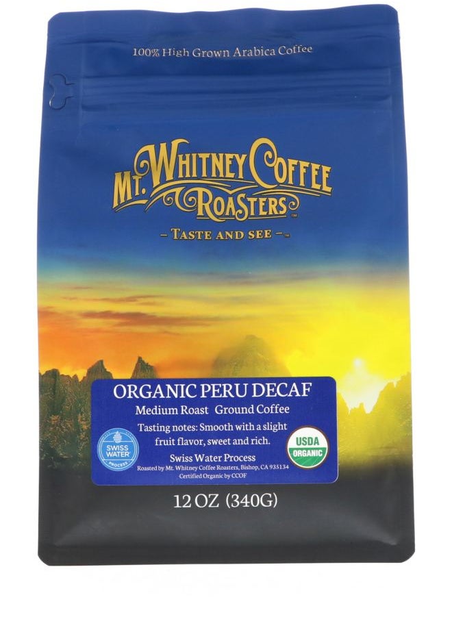 MT. WHITNEY COFFEE ROASTERS Organic Peru Decaf Ground Coffee Medium Roast 12 oz (340 g) 