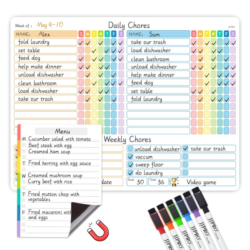 JJPRO Magnetic Chore Chart for Kids Multiple Kids, Adults-14.5"x11" Behavior Reward Responsibility Chart for Fridge and One List Board, Chores Chart for Teens, Checklist Dry Erase Chore Chart - Image 1
