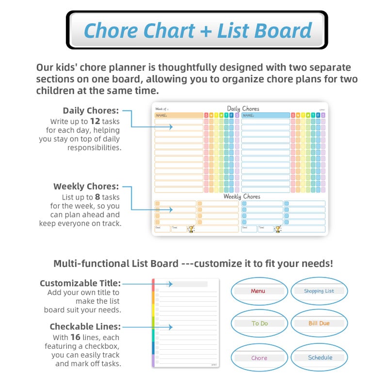 JJPRO Magnetic Chore Chart for Kids Multiple Kids, Adults-14.5"x11" Behavior Reward Responsibility Chart for Fridge and One List Board, Chores Chart for Teens, Checklist Dry Erase Chore Chart - Image 2