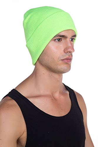 Top Level Beanie Men Women - Unisex Cuffed Plain Skull Knit Hat Cap, Lime - Image 2