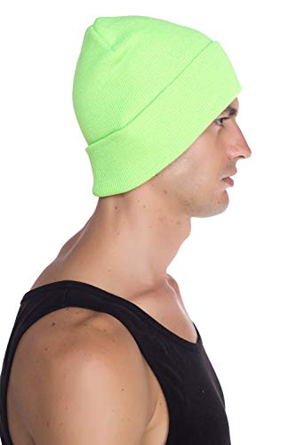 Top Level Beanie Men Women - Unisex Cuffed Plain Skull Knit Hat Cap, Lime - Image 5