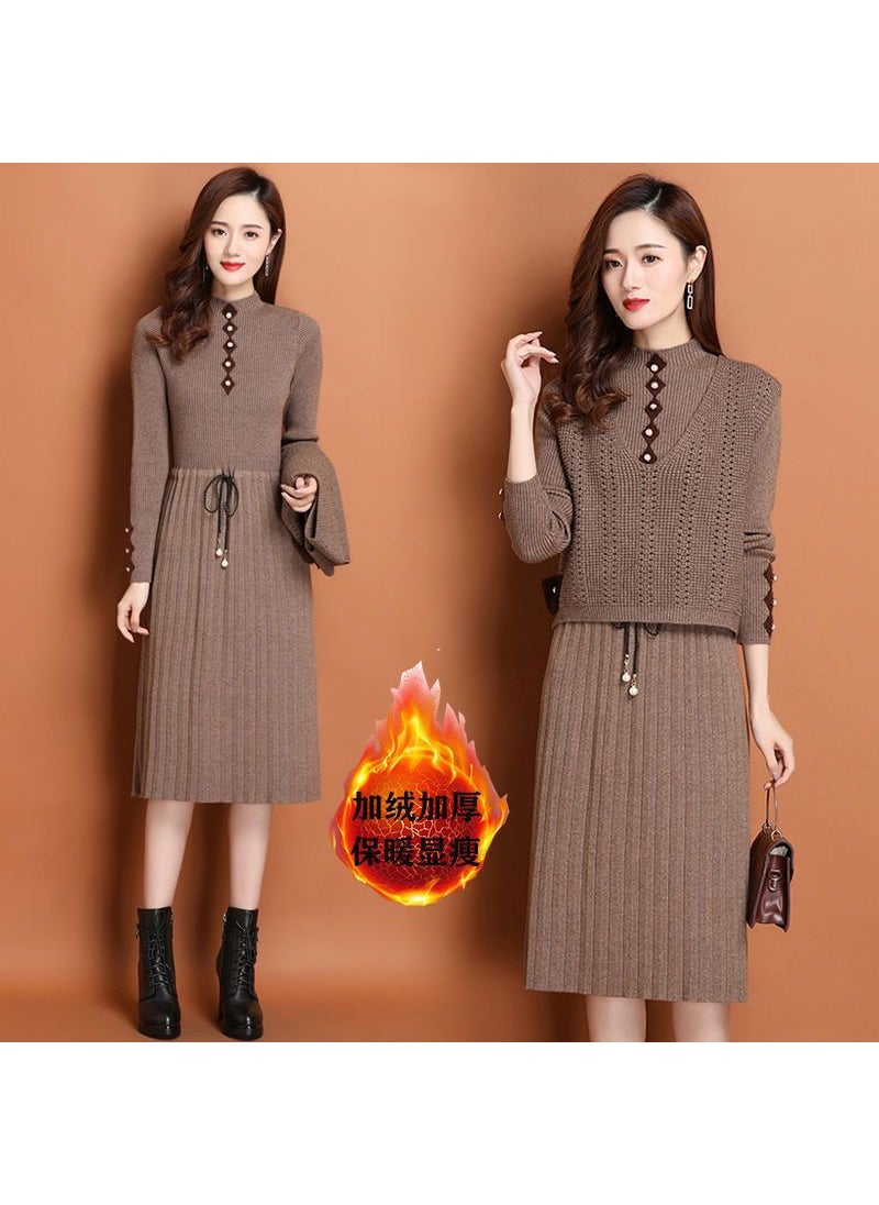 Generic Autumn/winter Knitted Sweater Dress 2-piece Set Womens Medium-length Slimming Over-the-knee Suit Thick Knit Base Layer Dress Blue (fleece-lined)  - Image 3