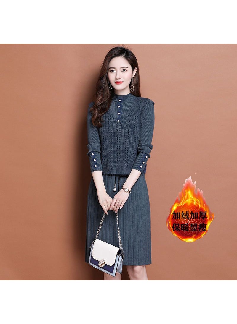 Generic Autumn/winter Knitted Sweater Dress 2-piece Set Womens Medium-length Slimming Over-the-knee Suit Thick Knit Base Layer Dress Blue (fleece-lined)  - Image 1