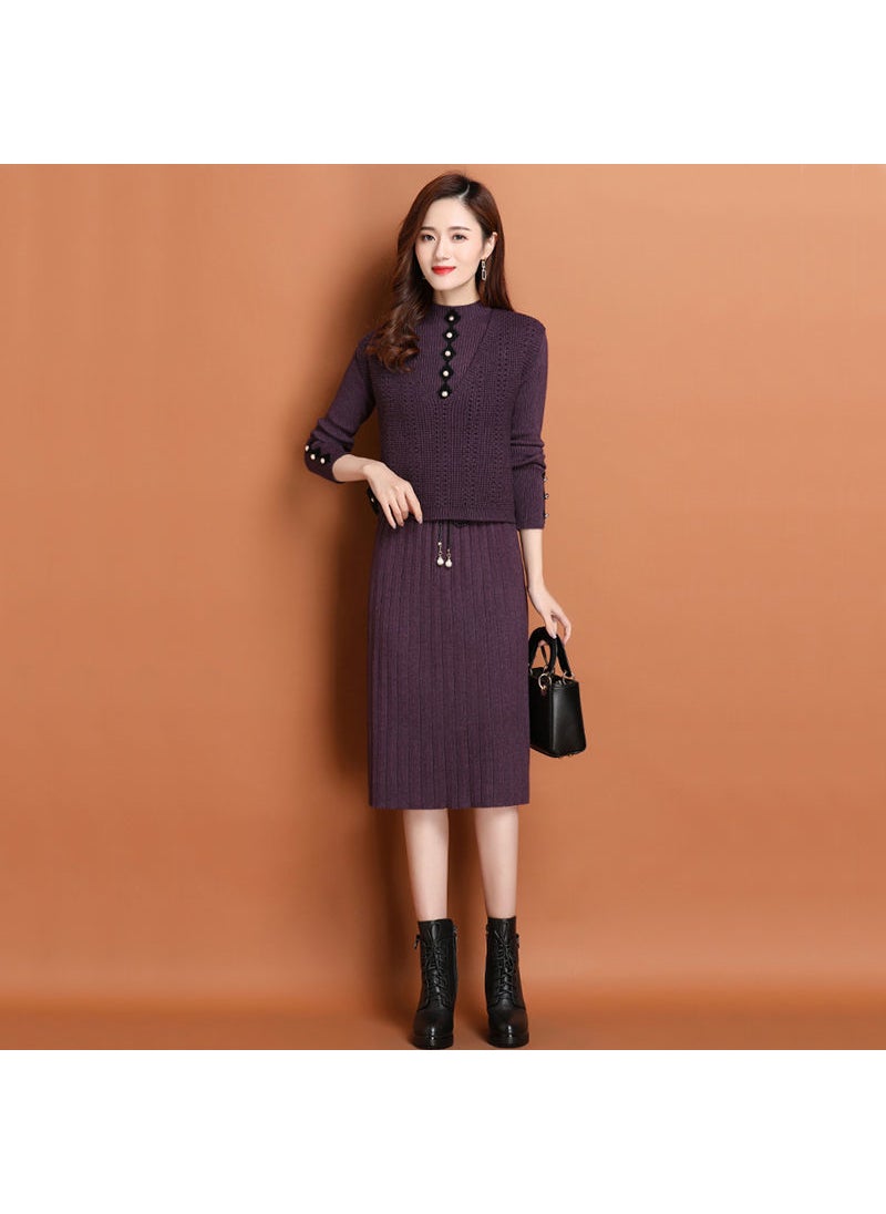 Generic Autumn/winter Knitted Sweater Dress 2-piece Set Womens Medium-length Slimming Over-the-knee Suit Thick Knit Base Layer Dress Blue (fleece-lined)  - Image 4