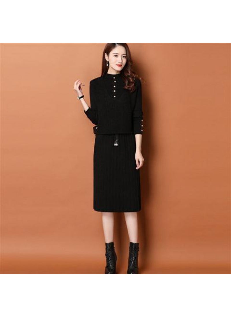 Generic Autumn/winter Knitted Sweater Dress 2-piece Set Womens Medium-length Slimming Over-the-knee Suit Thick Knit Base Layer Dress Blue (fleece-lined)  - Image 5
