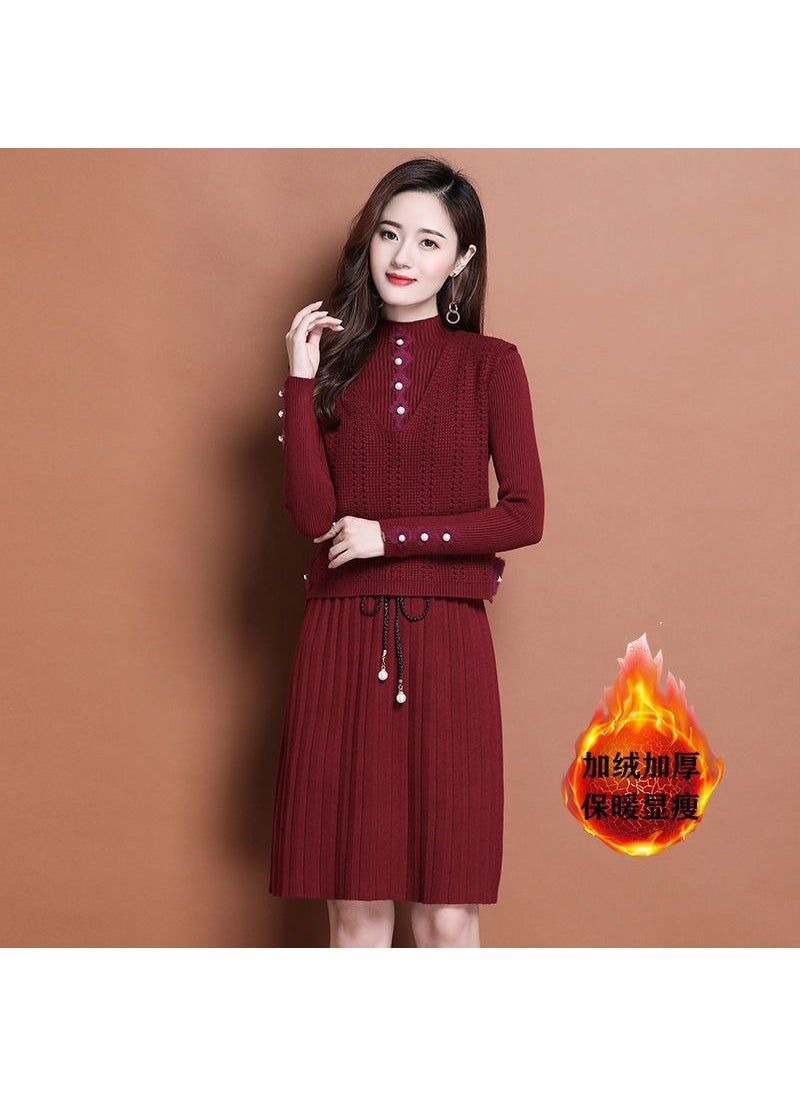 Generic Autumn/winter Knitted Sweater Dress 2-piece Set Womens Medium-length Slimming Over-the-knee Suit Thick Knit Base Layer Dress Blue (fleece-lined)  - Image 2