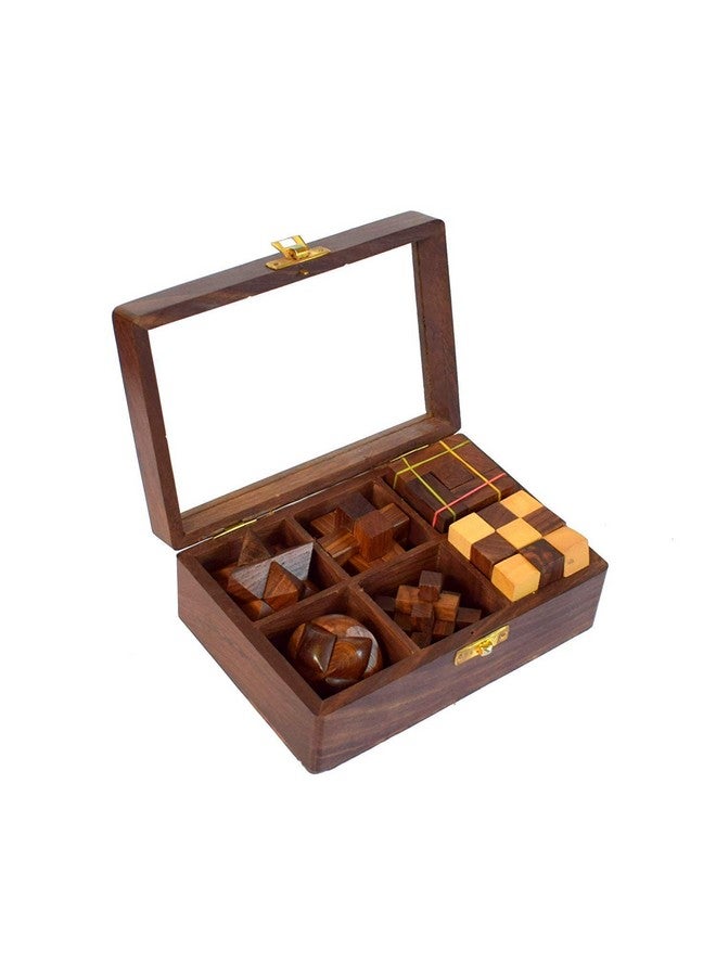 Wigano WIGANO Wooden Six In One Puzzle Game Set (7" X 5" Inch,Brown), Kids and Professionals - Image 1
