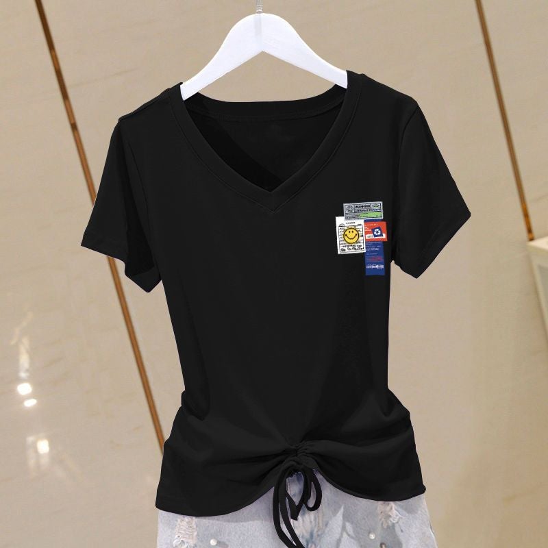 Summer Plus Size Cotton V-Neck Slimming Tee for Women Black-puzzle Smiley [right]]
