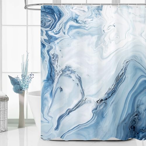 MitoVilla Blue Marble Shower Curtain, Modern Ombre Fabric Cloth Shower Curtains for Luxury Bathroom Decor, Abstract Chic Summer Watercolor Shower Curtain, 72x72 - Image 1